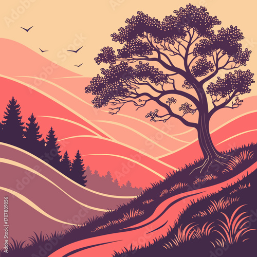 Stylized silhouette of a large tree on a grassy hill with a winding path leading up towards rolling hills and distant trees under a warm sky with birds flying