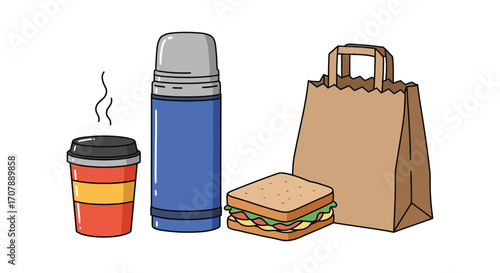 a thermos sandwich paper bag and coffee cup ready for picnic