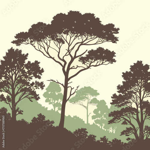 Stylized silhouette of diverse forest trees with lush foliage and rolling hills against a creamy yellow background