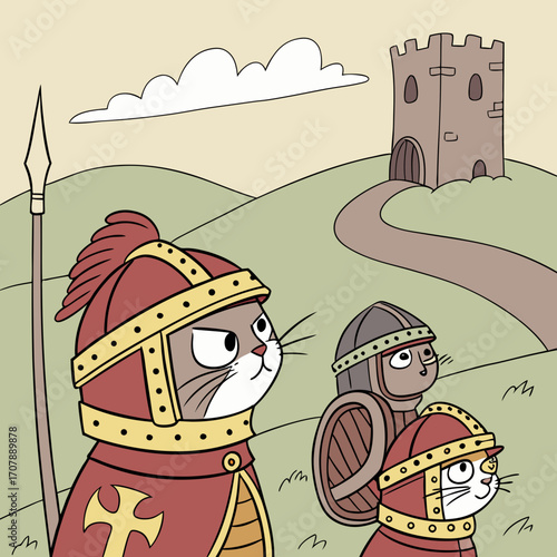 Three cartoon cats dressed as medieval knights with armor and helmets marching towards a castle on a hill under a cloudy sky