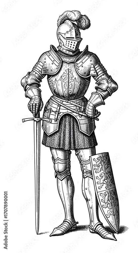 Obraz premium A detailed illustration of a medieval warrior in full plate armor, holding a sword and shield, symbolizing strength and readiness.