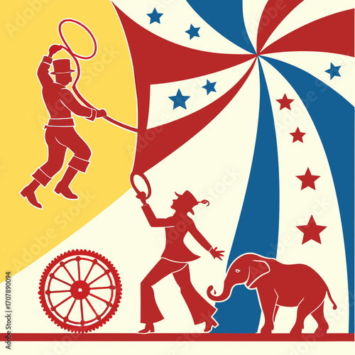 Vintage circus performers including a ringmaster with a whip and a woman with a hoop and an elephant in a stylized tent with stars and a gear
