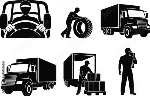 Trucking and Delivery Service Icons Set – Drivers, Loading Boxes, Cargo Trucks, Tire Repair, Logistics Operations Vector for Transportation and Freight Shipping Designs