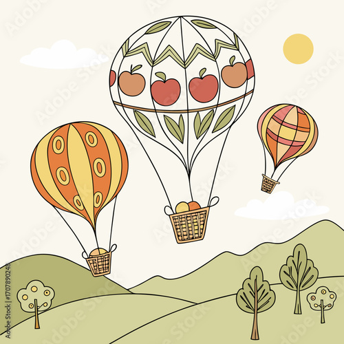 Whimsical illustration of three colorful hot air balloons with apple designs floating over rolling green hills and trees under a bright sun and fluffy clouds