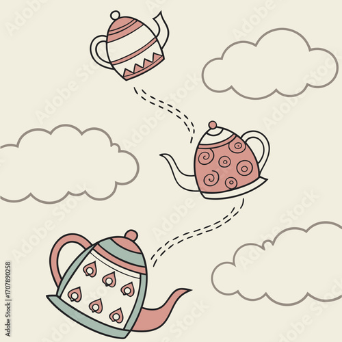 Whimsical illustration of three decorative teapots floating in a light beige sky with soft grey clouds and dashed movement lines