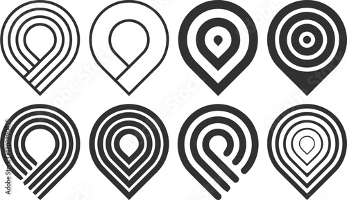 Eight location pin icons with concentric circle designs