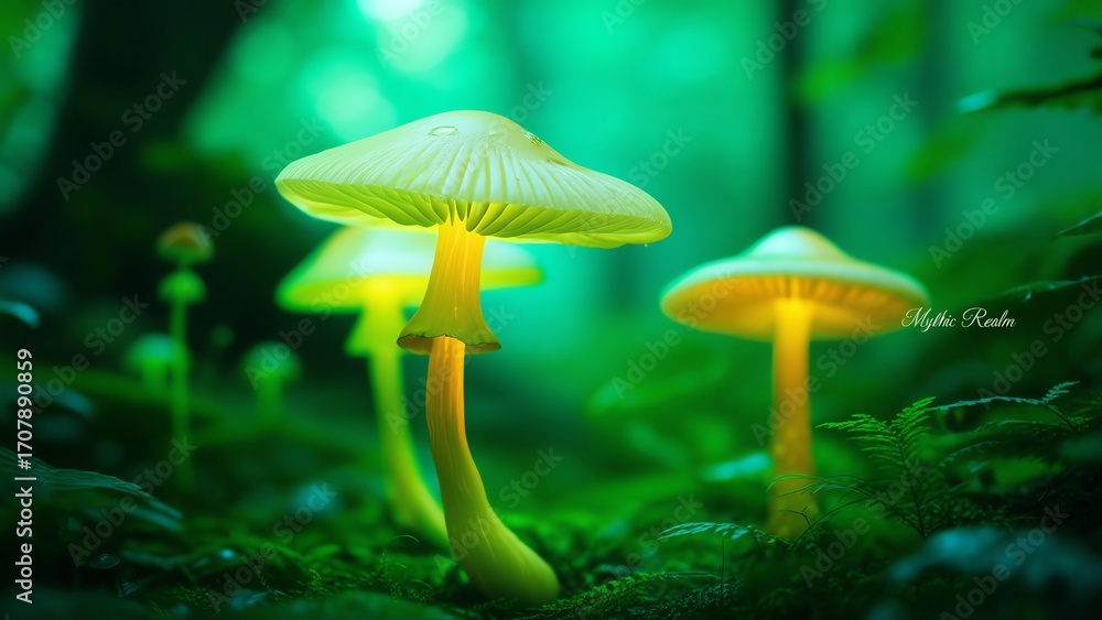 Fototapeta premium Glowing Mushrooms in Enchanted Forest Nature Fantasy Green Glow