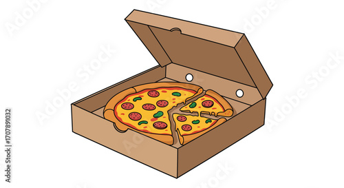 open box revealing delicious pizza with various toppings inside