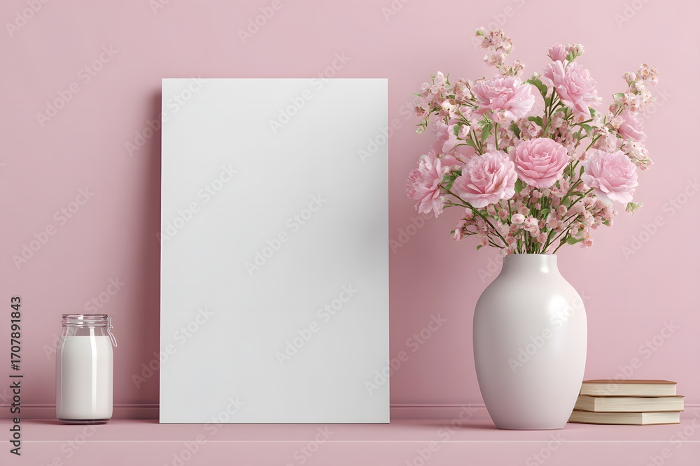 Fototapeta premium Pink flowers in vase with milk jar and books white vase