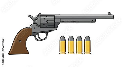 a classic revolver with wooden grip beside four bullets