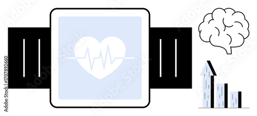 Smartwatch with heart rate monitor, brain icon for mental health, bar chart for progress. Ideal for health tracking, technology, fitness, growth, mental performance, wellness simple landing page