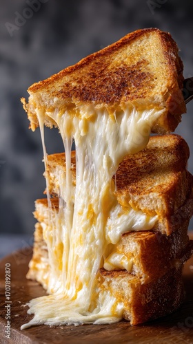 A stack of golden-brown grilled cheese sandwiches, with melted cheese stretching between layers, sits on a wooden board against a dark background