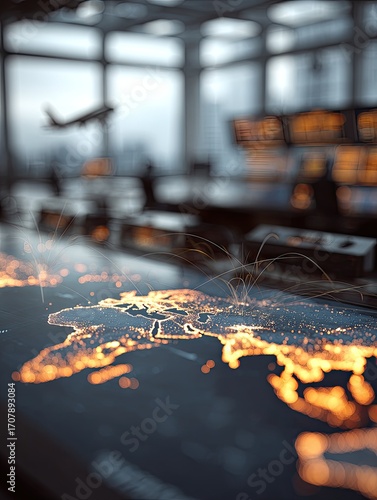 Illuminated world map displayed on a large digital surface, with blurred background of an airport control tower and airplane