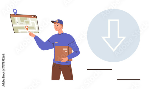 Courier holding parcel, pointing to pinpoint marker on map interface. Ideal for delivery, logistics, navigation, tracking, e-commerce, efficiency modern technology. Simple flat metaphor