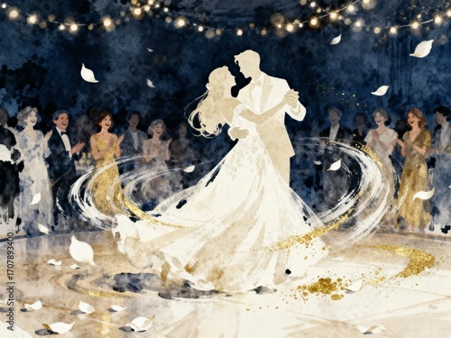 Wedding couple dancing elegantly on the dance floor under lights  