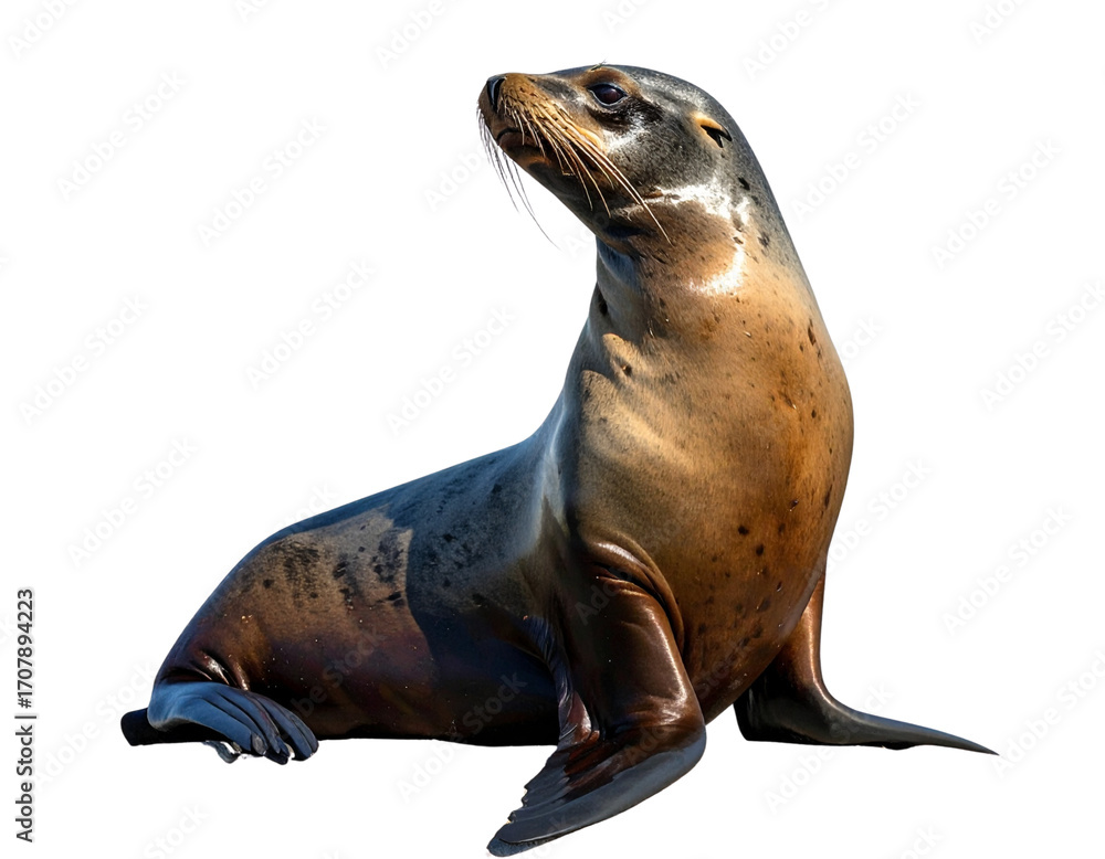 Naklejka premium Sea Lion Sitting on Rocky Shore, Side Profile, isolated on transparent background