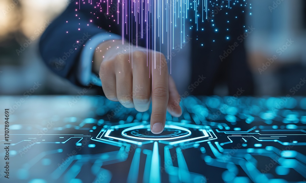 Naklejka premium Businessman pressing digital interface with glowing holographic data flow, ideal for illustrating futuristic technology, innovation, and secure touch activation concepts