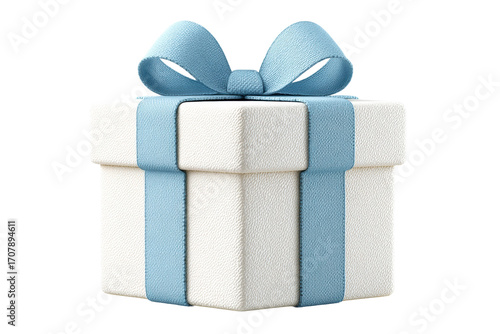 Elegant white gift box with blue ribbon and bow, cut out