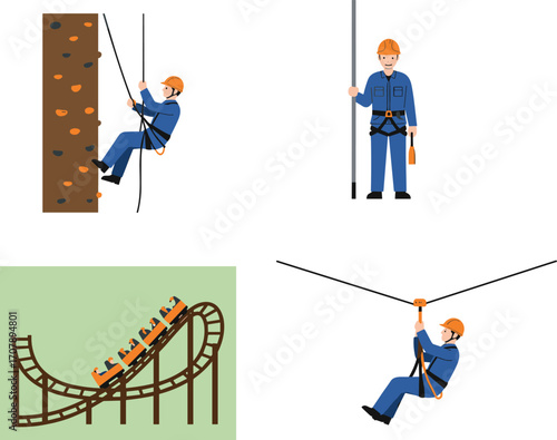 Vector illustration of safety harness use in ziplining, rock climbing, roller coaster rides, and industrial worker protection for fall prevention