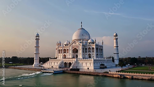 Ultra-Realistic Cinematic Drone Shot of Taj Mahal at Sunrise – Golden Light on Marble, Mist Over Yamuna, 8K Deserted Serenity for Luxury Travel & Cultural Branding