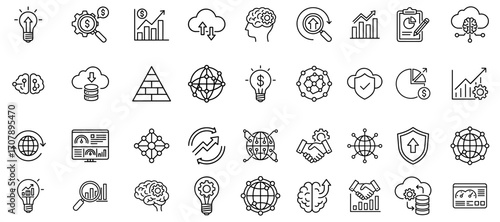 Business data analytics insights concept vector icon collection displaying financial analysis artificial intelligence networking collaboration and technology solutions for future