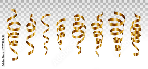 Golden Ribbon Streamers Set on Transparent Background for Party, Event, and Celebration Decoration Design, vector illustration