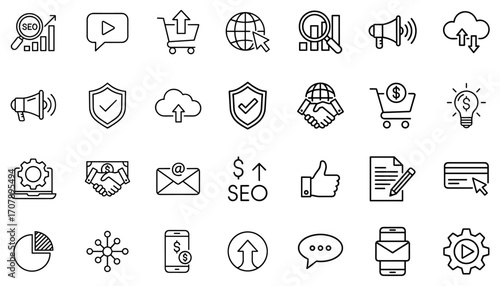Collection of business marketing and technology icons representing modern digital strategies for boosting sales with online solutions for success and optimization of information