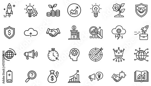 Set of linear icons representing business startup growth innovation technology marketing finance and investment Symbolizes strategies to improve performance and create high value