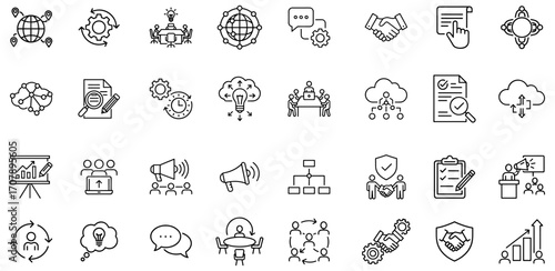 Business strategy and development icon set depicts networking global reach collaboration handshakes analytics charts meeting promotion teamwork and protection management symbols