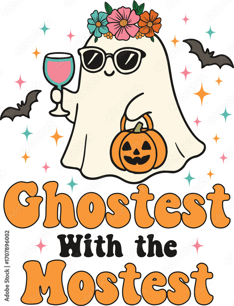 Fototapeta premium ghostest with the mostest - Cute Spooky Ghost Clipart t-shirt, funny cute Witchy halloween design, Scary Sheet Ghost typography t shirt 