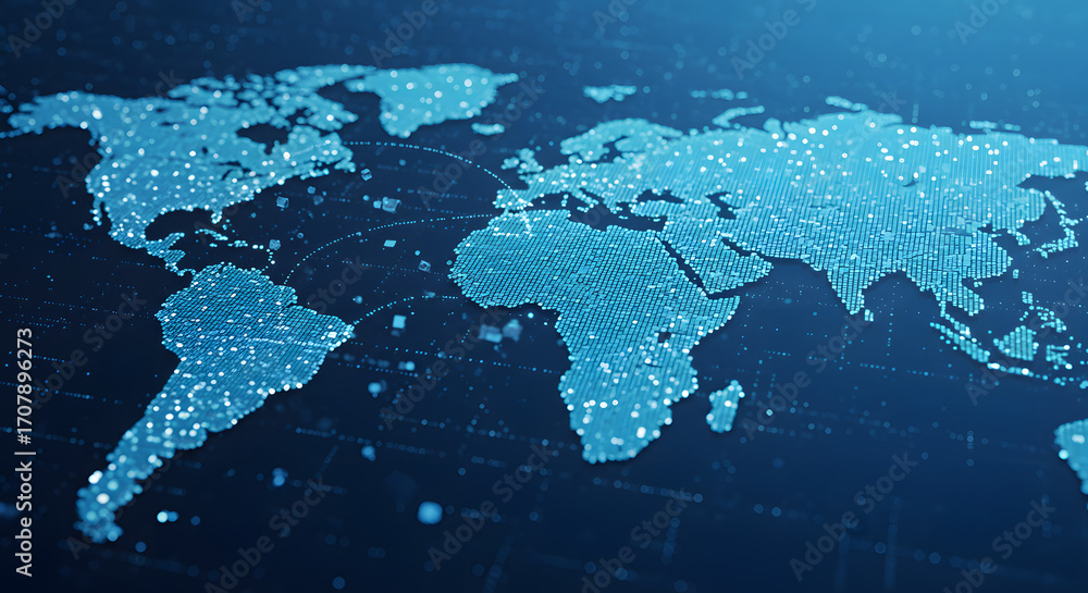 Fototapeta premium Digital World Map Connection Technology with Blue Hues, Illustrating Global Network Connectivity and International Communications, with a Focus on Modern