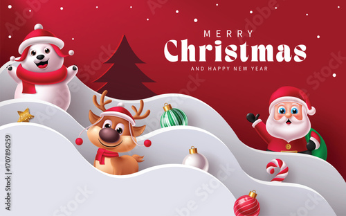 Minimalist Christmas greeting clipart papercut with Santa Claus, reindeer, snowman with ornaments and snow paper cut . Perfect for greeting cards, banners, invitations, and seasonal holiday decoration