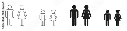Family Icons Set Featuring Adults And Children. Gender And Family Structure Outline And Silhouette Symbol Collection. Ideal For Demographic And Social Studies. Isolated Vector Illustration
