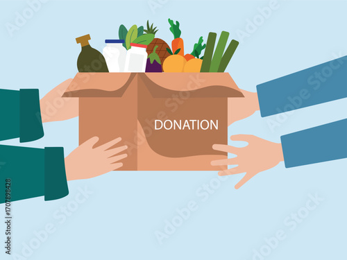 Sharing food to people. Food donation concept. People hand holding donation box full of food. verity of grocery products for homeless people in shelter vector illustration.