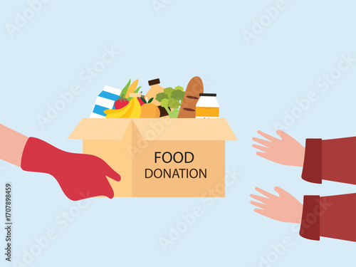 Sharing food to people. Food donation concept. People hand holding donation box full of food. verity of grocery products for homeless people in shelter vector illustration.