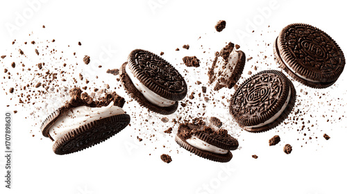 flying Oreo cookies with crumbs isolated on transparent white background