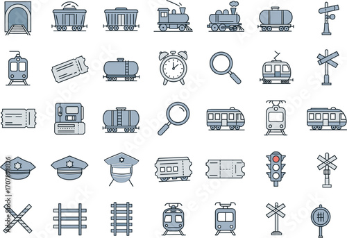 Vector set of railway and train transportation icons including trains, tickets, rail signals, traffic lights, railcars, tracks, and transportation symbols