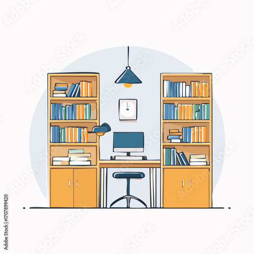 Modern Home Office With Wooden Bookshelves And Desk