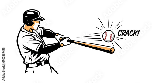 A baseball player hitting a ball with a bat and the word crack showing the impact of the baseball hit ai generated