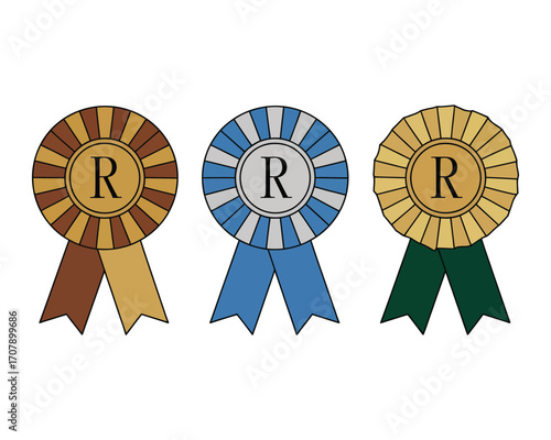 A set of three colorful award ribbons with the letter R, symbolizing victory and achievement in a competition
