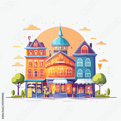 Pixel Art Cityscape With Shops And Dome Building At Sunset