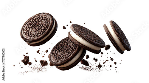 flying Oreo cookies with crumbs isolated on transparent white background
