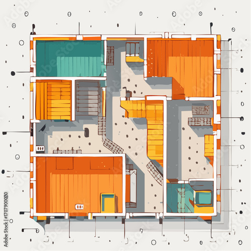 Architectural Floor Plan With Orange Walls And Teal Bathroom