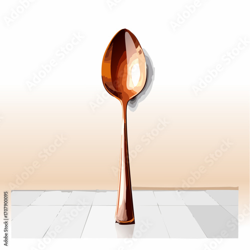 Single Polished Copper Spoon Standing Upright on White Tile Surface