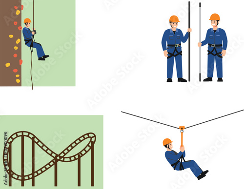 Vector set of safety harness activities, including zipline, rock climbing, roller coaster, and construction workers wearing harnesses for fall protection