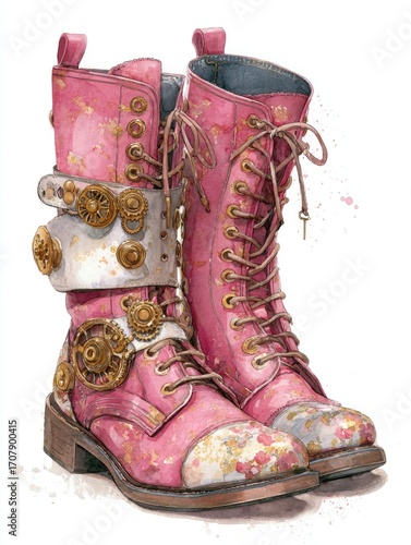 A pair of pink, steampunk-styled boots with intricate mechanical details and floral accents on the toes, rendered in watercolor