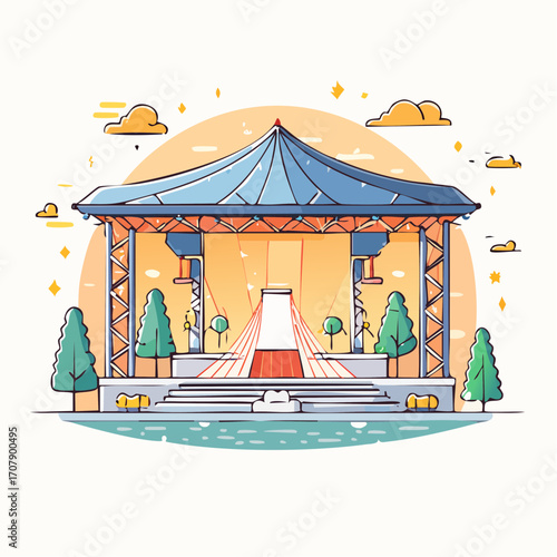 Outdoor Stage with Blue Roof and Red Carpet by the Water