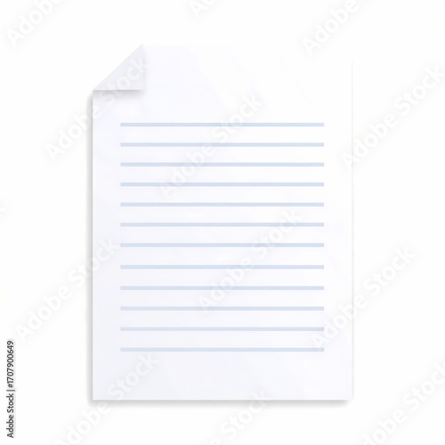 Blank white lined notebook paper sheet with dog ear corner isolated on white background.
