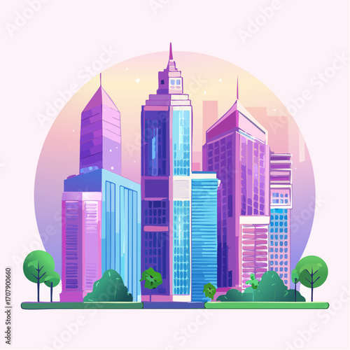 Pixel Art Cityscape With Pink And Blue Skyscrapers At Sunset
