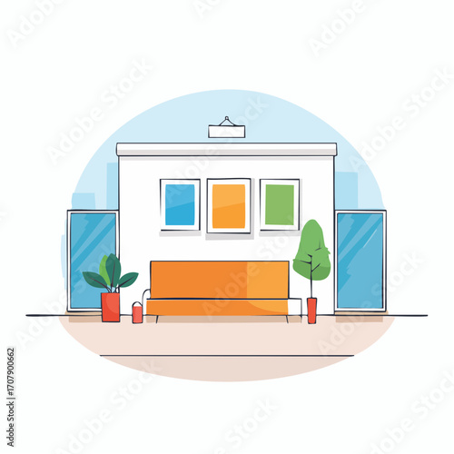 Modern Office Lobby Interior Design With Orange Sofa and Art